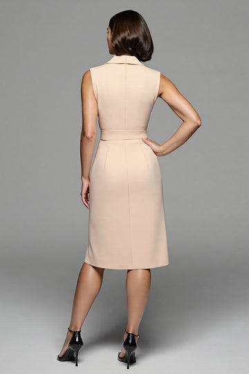 Champagne Sheath V-Neck Midi Dress with Sash
